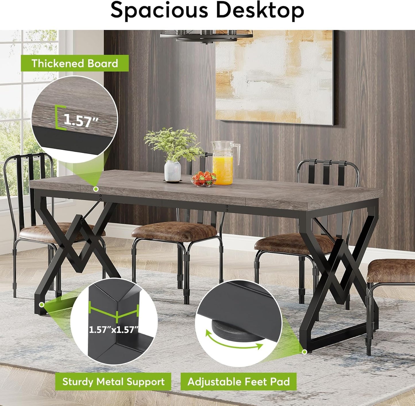 63 Inch Executive Desk, Large Office Computer Desk with Extra Thick Wooden Tabletop and Metal Frame, Modern Simple Workstation Writing Table Study Desk for Home Office, Gray