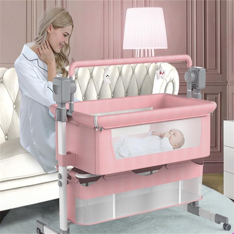Electric Bluetooth Smart Bassinet for Co-Sleeping, Convertible and Portable Baby Bedside Crib, Foldable Newborn Bedside Bed, Toddler Cradle with Mattress and Remote Control（601 Pink