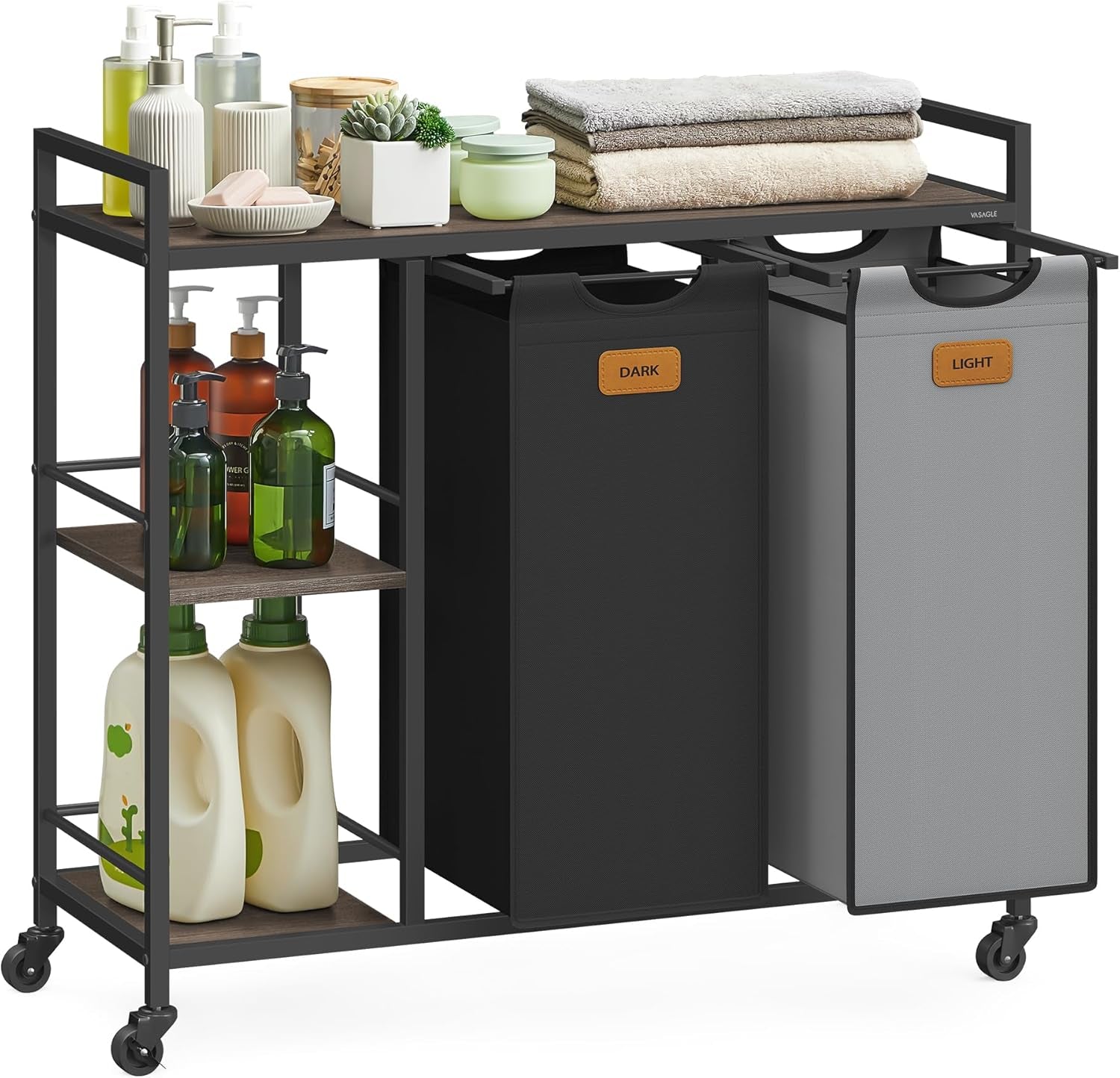 Laundry Hamper with 2 Compartments, 26.4 Gal. (100 L) Laundry Sorter, Rolling Laundry Cart with Shelves, Removable Liners, 6 Labels, Chestnut Brown, Ink Black and Dove Gray UBLH311B02
