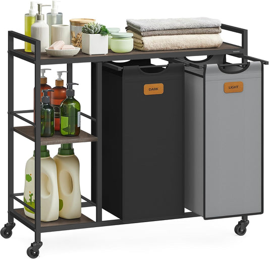 Laundry Hamper with 2 Compartments, 26.4 Gal. (100 L) Laundry Sorter, Rolling Laundry Cart with Shelves, Removable Liners, 6 Labels, Chestnut Brown, Ink Black and Dove Gray UBLH311B02