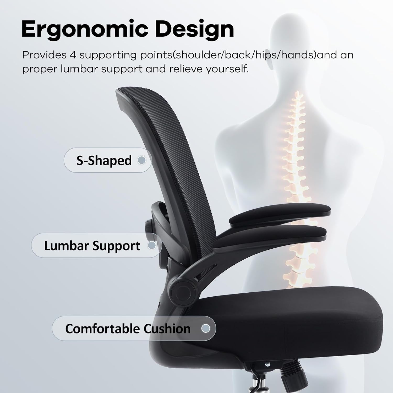 Office Chair,Ergonomic Mesh Desk Chair with Adjustable Lumbar Support,Computer Chair with Flip-Up Armrests, Rolling Executive Chairs, Home Office Chair(Black)