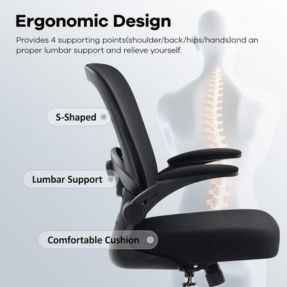 Office Chair,Ergonomic Mesh Desk Chair with Adjustable Lumbar Support,Computer Chair with Flip-Up Armrests, Rolling Executive Chairs, Home Office Chair(Black)
