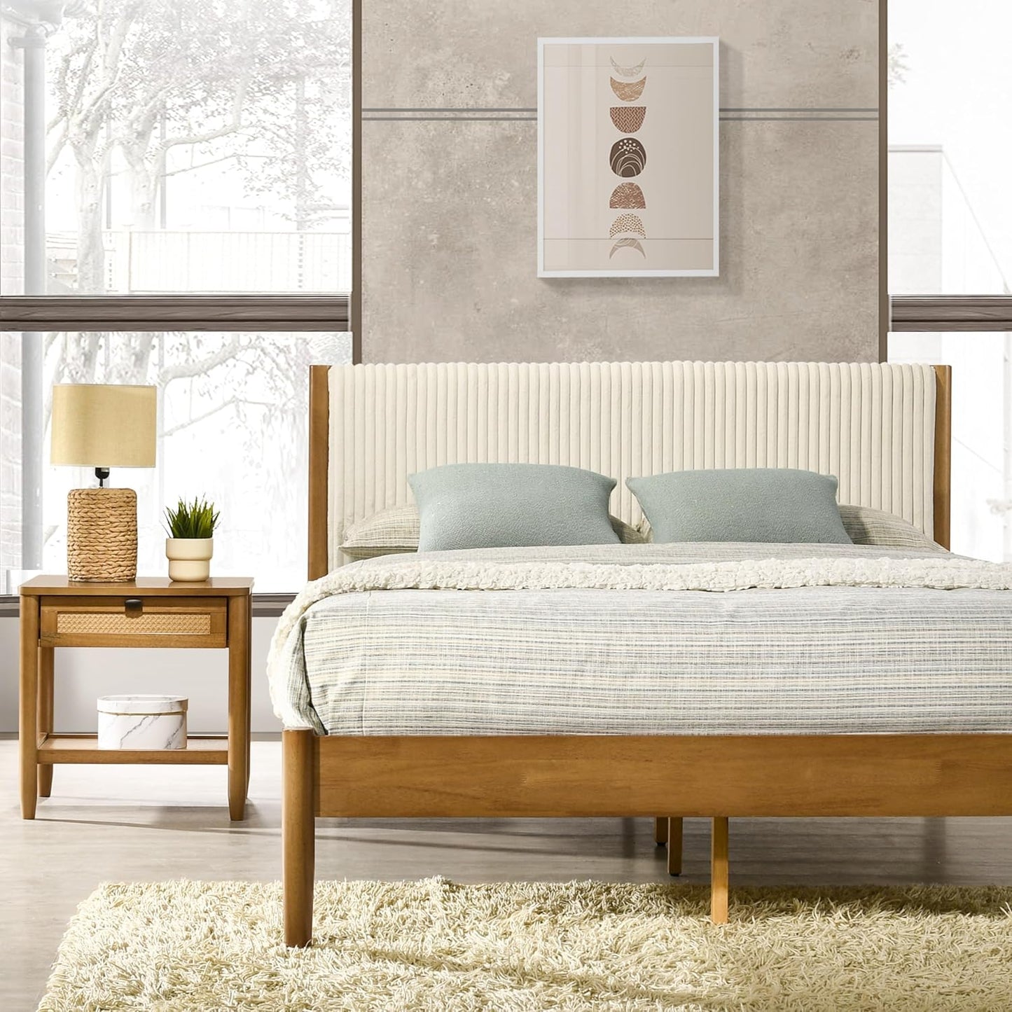 Vichy 2-Piece Rubberwood Bedroom Set with Upholstered Queen Bed and Nightstand, Corduroy