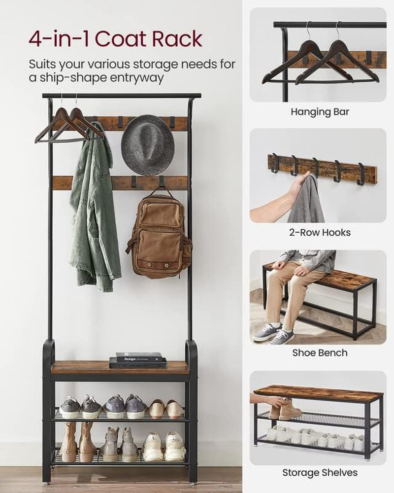 Coat Rack, Hall Tree with Shoe Bench for Entryway, Entryway Bench with Coat Rack, 4-In-1, with 9 Removable Hooks, a Hanging Rod, 13.3 X 28.3 X 72.1 Inches, Greige and Black UHSR40MB