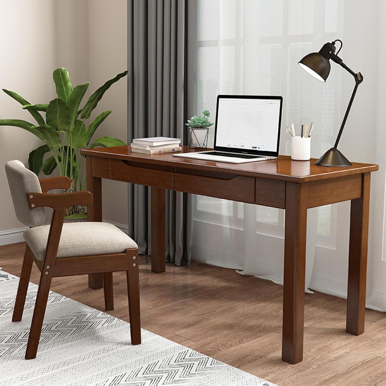 Solid Wood Writing Desk with Drawers, 47" Home Office Computer Desk, Wooden Simple Laptop Desk Study Table for Bedroom, Living Room, Walnut Finish