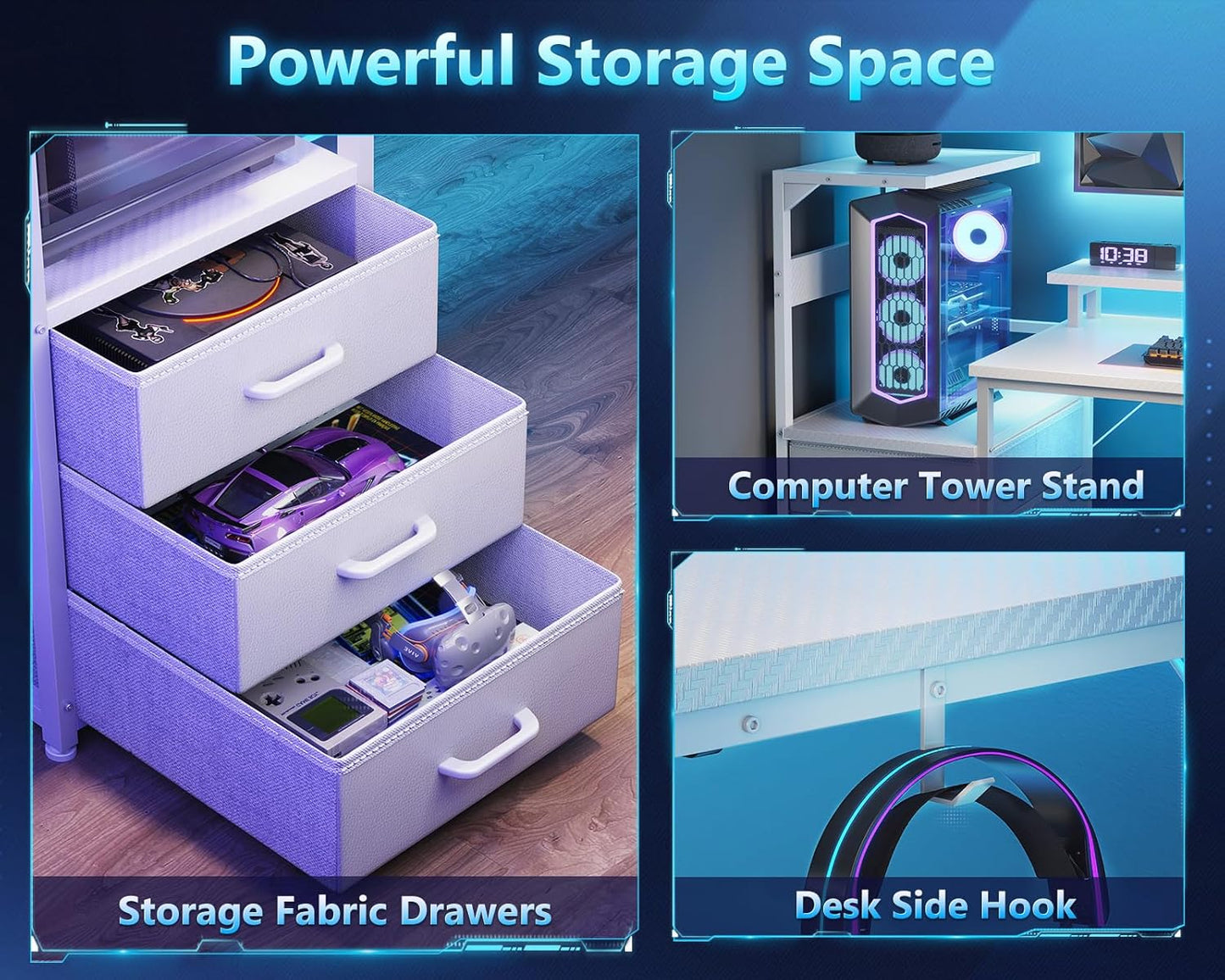 59 Inch Gaming Desk with USB Charging Ports & LED Light - Reversible Computer Desk with 3 Fabric Drawers, Monitor Stand, CPU Stand, and Side Hook, Modern Office Desk, White