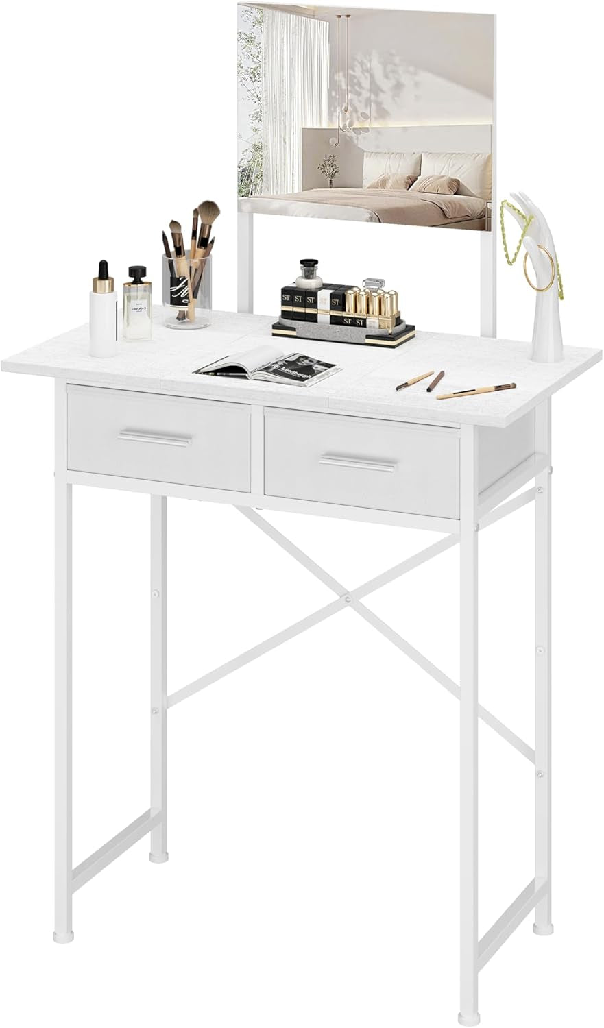 Small Vanity Desk with Mirror and Drawers, White Makeup Vanity Table with Storage, Compact Vanity for Bedroom, Modern Makeup Desk for Girls, Space-Saving Vanity Table