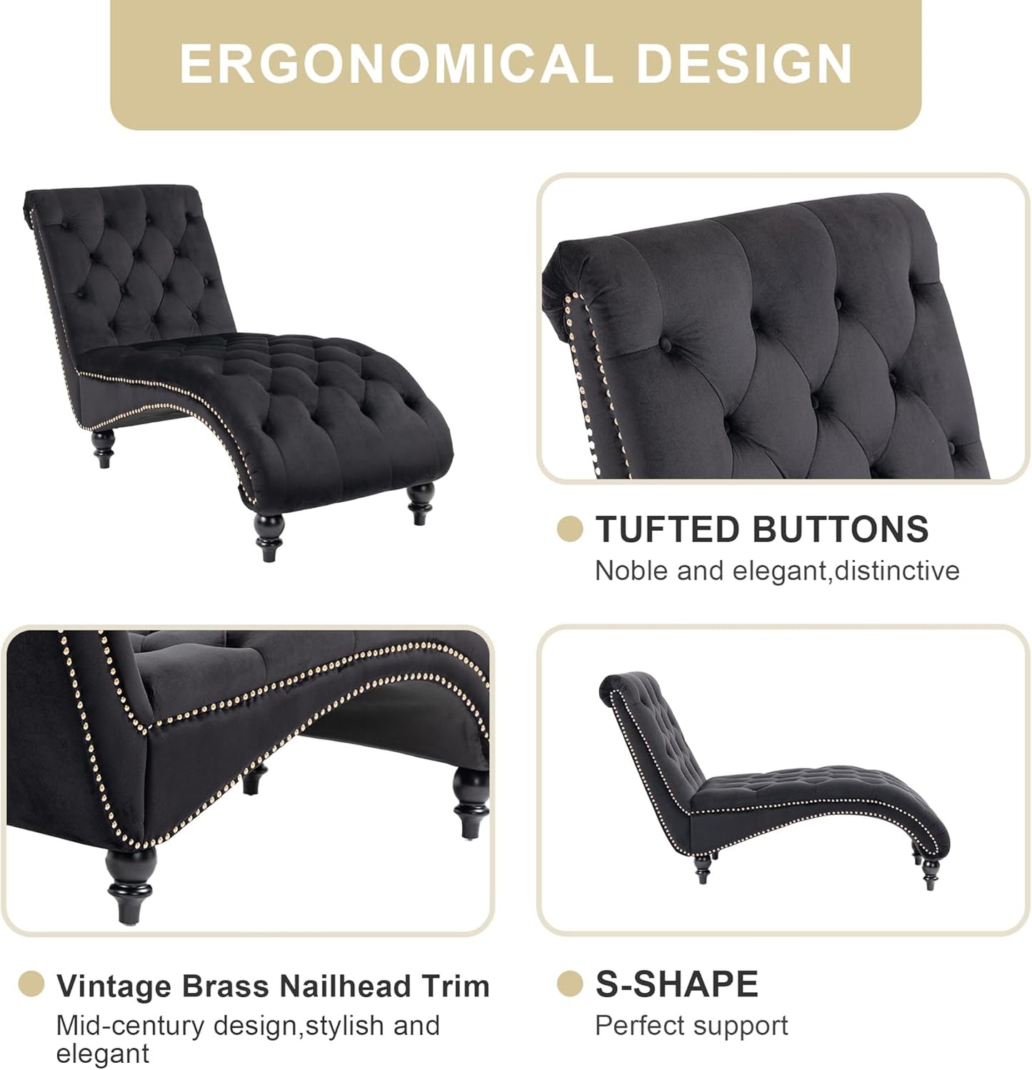 Chaise Lounge Indoor,Velvet Upholstered Lounge Chair Button-Tufted Armless Chair with Pillow, for Bedroom Living Room Office Modern Backrest Leisure Recliner Sleep Sofa,Black