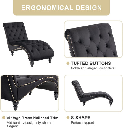 Chaise Lounge Indoor,Velvet Upholstered Lounge Chair Button-Tufted Armless Chair with Pillow, for Bedroom Living Room Office Modern Backrest Leisure Recliner Sleep Sofa,Black