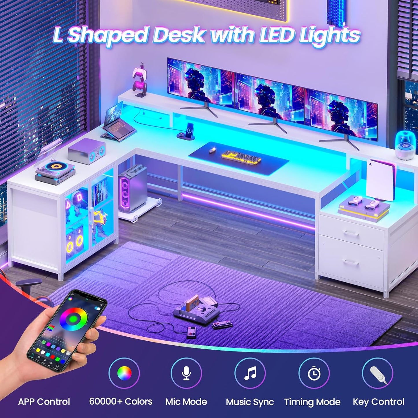 Corner Computer Desk, Reversible L Shaped Computer Desk with Drawers and Power Outlet, 78.7” Large Gaming Desk with Led Lights, Storage Shelves and Display Cabinet for Home Office, White