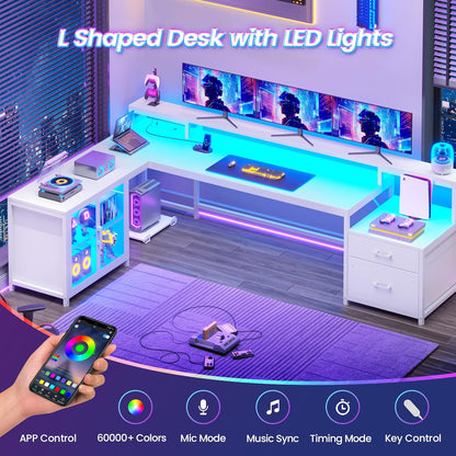 Corner Computer Desk, Reversible L Shaped Computer Desk with Drawers and Power Outlet, 78.7” Large Gaming Desk with Led Lights, Storage Shelves and Display Cabinet for Home Office, White