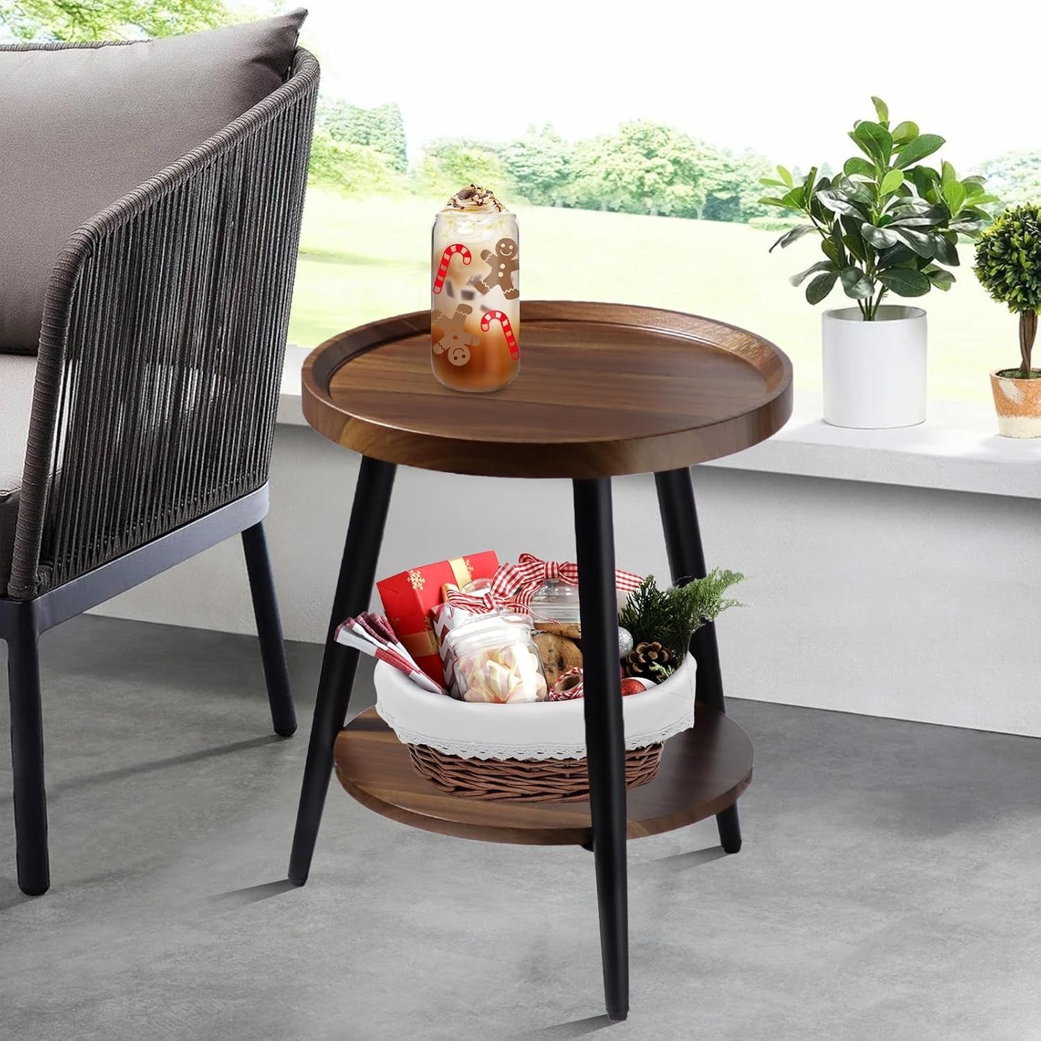Small round Side Table, 2-Tier Mid Century Modern Side Table, round End Table Small End Table for Living Room, Metal Frames, Brown