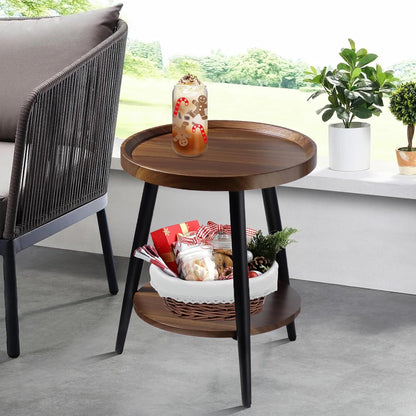 Small round Side Table, 2-Tier Mid Century Modern Side Table, round End Table Small End Table for Living Room, Metal Frames, Brown