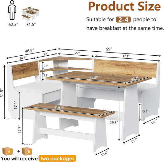 Corner Breakfast Nook Table Set with Cushion, L-Shape Kitchen Dining Table with Bench, Farmhouse Wood Breakfast Nook Bench with Hidden Storage,White & Brown