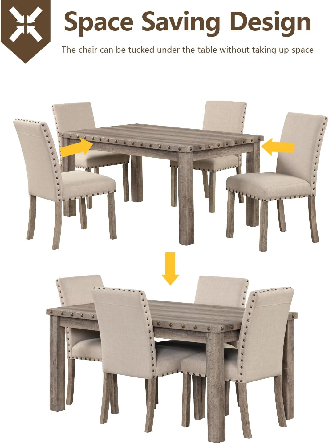 Farmhouse Dining Set for 4, 60" Rectangular Wooden Table & 4 Upholstered Chairs with Nailhead Accents, 5-Piece Kitchen Table Set for Dining Room, Breakfast Nook, Antique Rustic
