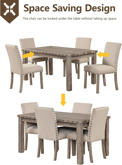 Farmhouse Dining Set for 4, 60" Rectangular Wooden Table & 4 Upholstered Chairs with Nailhead Accents, 5-Piece Kitchen Table Set for Dining Room, Breakfast Nook, Antique Rustic