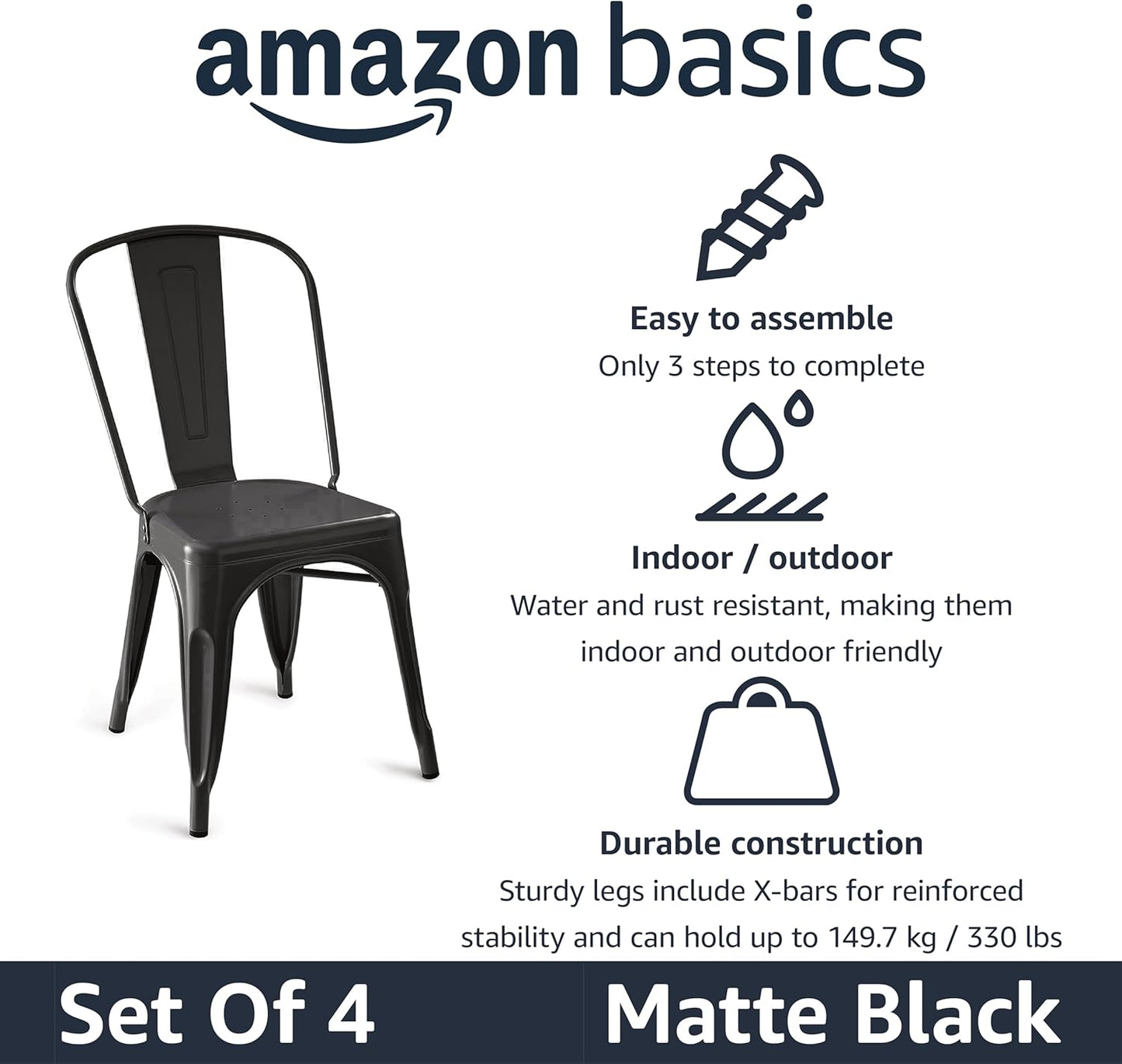 Metal Dining Chairs, Easy to Assemble, Indoor/Outdoor, Stackable, Matte Black, 4-Pack