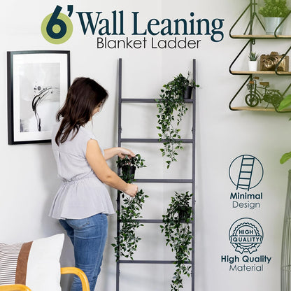Blanket Ladder for the Living Room and Bedroom, 5Ft 8 Inch, 6-Tier Wall Leaning Laminate Snag Free Material (Black) Rustic Decorative Farmhouse Blanket Rack, Quilt Rack, Ladder Shelf, Easy Assembly
