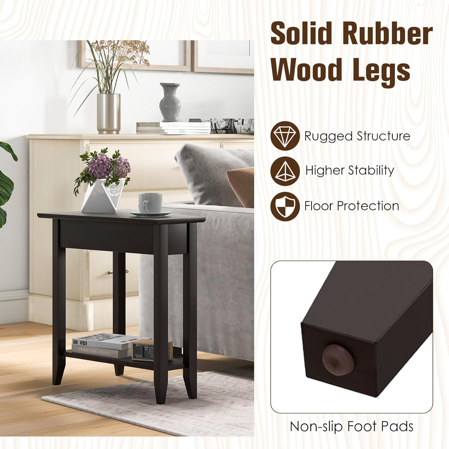 Wedge End Table, Triangle Side Table with Storage Shelf and Solid Wood Legs, Recliner Table, 24.5" Tall Nightstand, Modern Narrow Accent Table for Small Space Living Room, Espresso