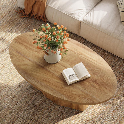 Oval Coffee Table, 47-Inch Living Room Table with Polygonal Pedestal, Modern Center Accent Furniture, Child-Friendly, Easy to Assembly, Yellowish Brown