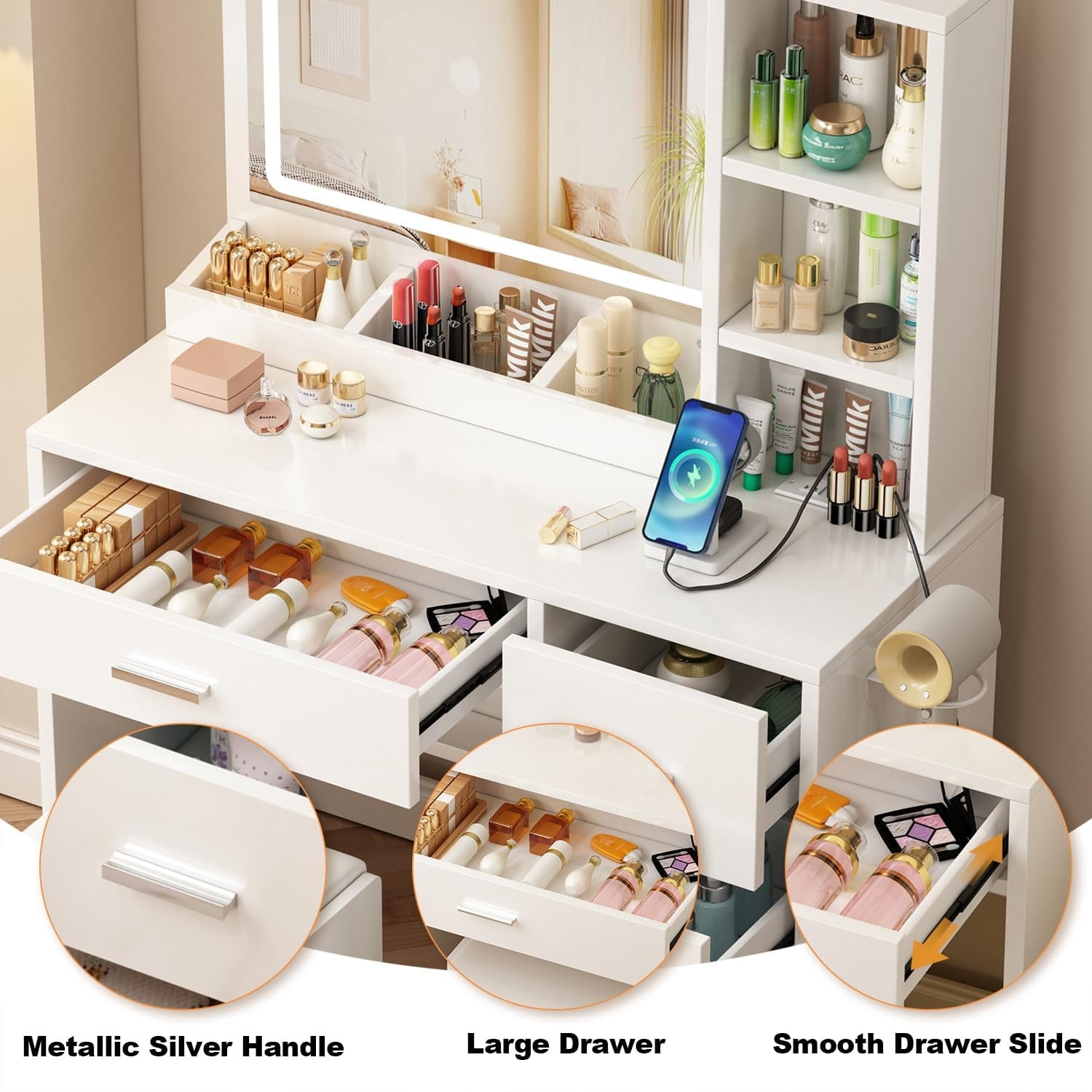 Vanity Desk with Mirror and Lights, 4 Drawers & Benches Vanity Desk Set, 3 Color Lighting Modes Adjustable Brightness Vanity for Bedroom Makeup Table