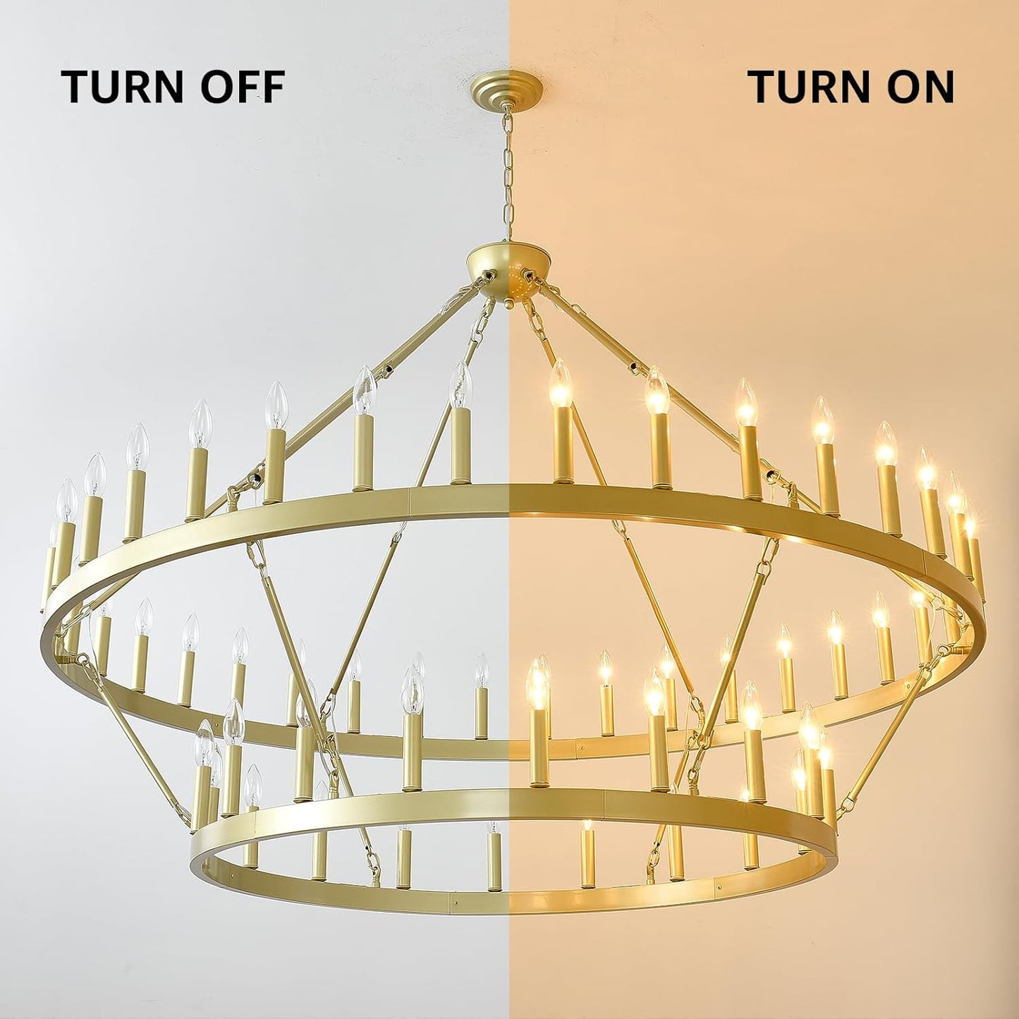 2 Tier Gold Wagon Wheel Chandelier 54-Light, 60 Inch Modern Large Foyer Lighting, Farmhouse Industrial Satin Gold Chandeliers for High Ceilings Dining Room Living Room Foyer Hall