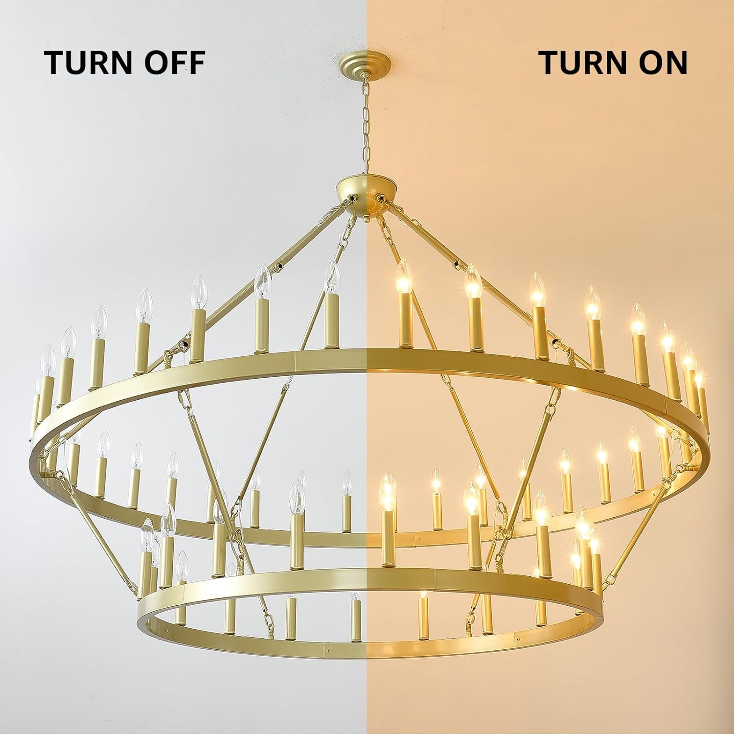 2 Tier Gold Wagon Wheel Chandelier 54-Light, 60 Inch Modern Large Foyer Lighting, Farmhouse Industrial Satin Gold Chandeliers for High Ceilings Dining Room Living Room Foyer Hall