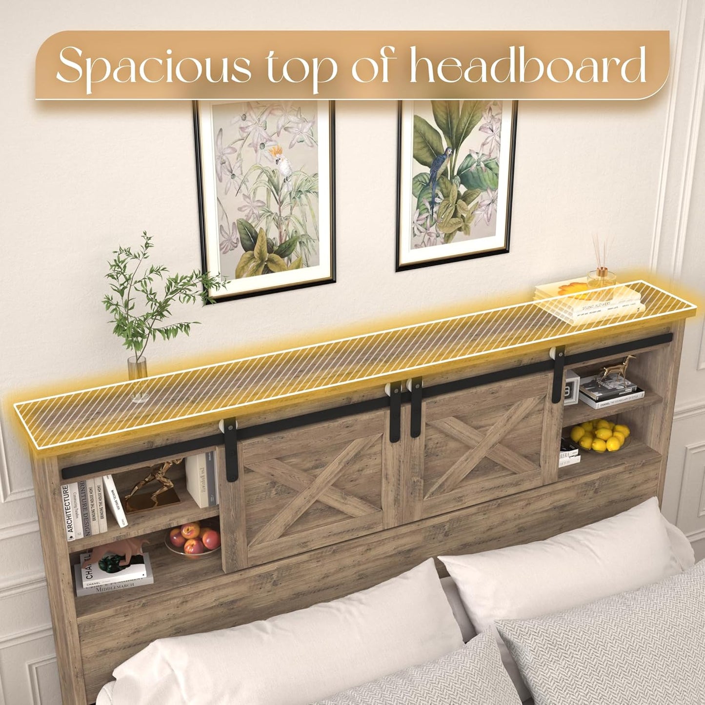 Farmhouse Queen Size Bed Frame with Storage Bookcase Headboard, Wooden Bed with LED Lights, Charging Station, 2 Drawers, Rustic Bed Frame with Sliding Barn Door for Bedroom (Grey Oak, Queen)