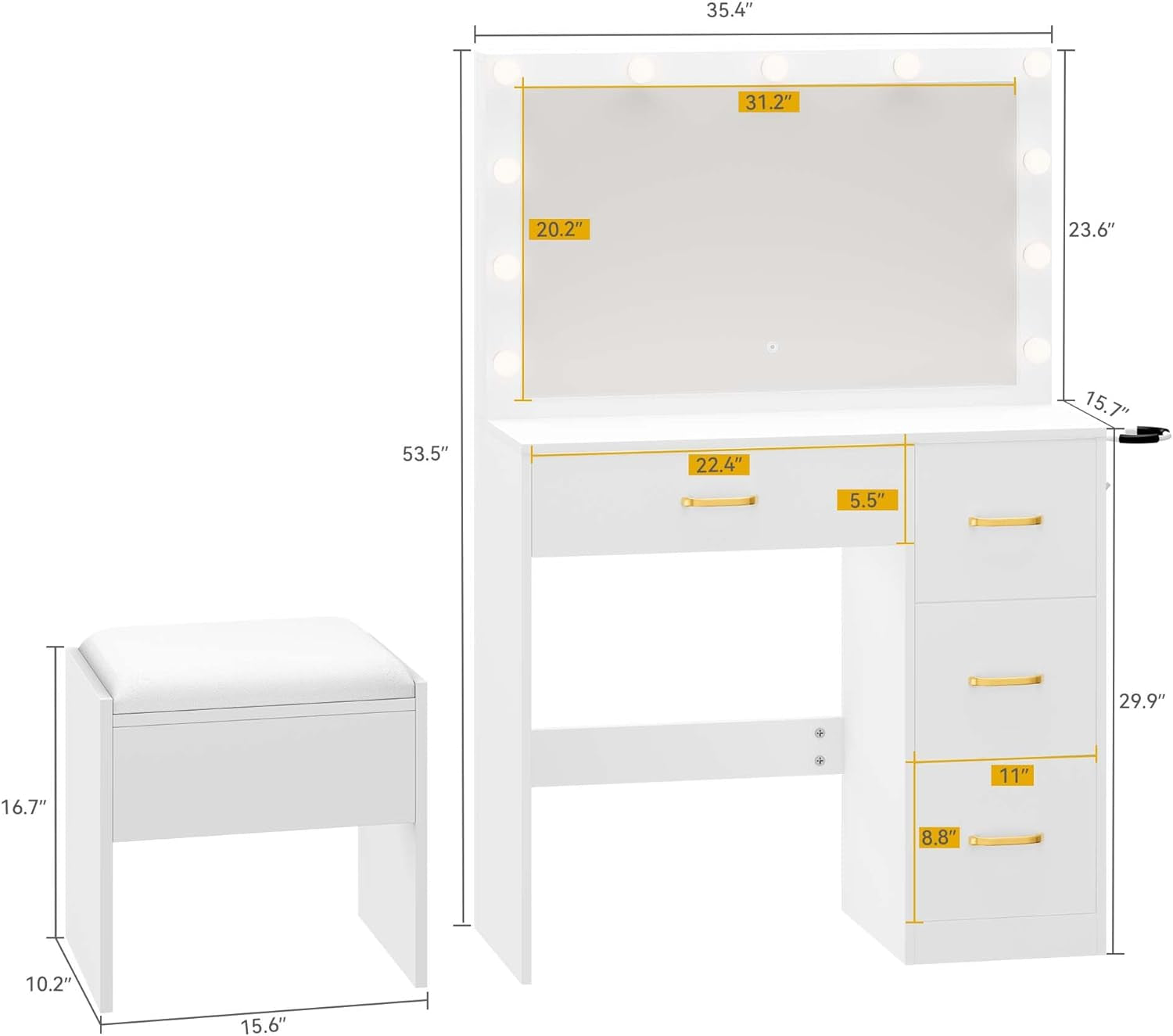 LED Makeup Vanity Table with 3 Light Modes, 4 Storage Drawers, Built-In Power Outlets & Hairdryer Holder, Dressing Table with Cushioned Stool