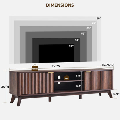 70" Mid Century Modern Fluted TV Stand, Entertainment Center, Sideboard, Media Console for Living Room with 2 Soft Close Door/Adjustable Shelves (Dark Walnut)