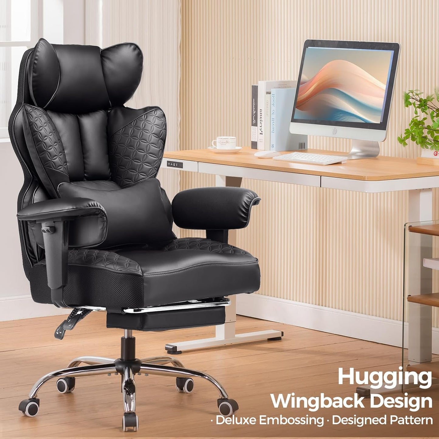 Big and Tall Office Chair Heavy Duty Wide Ergonomic Gaming Chair with Deluxe Embossing Designed Leather with Foot Rest,150°Reclining Adjustable Armrests Pocket Spring Back Support and Pillow