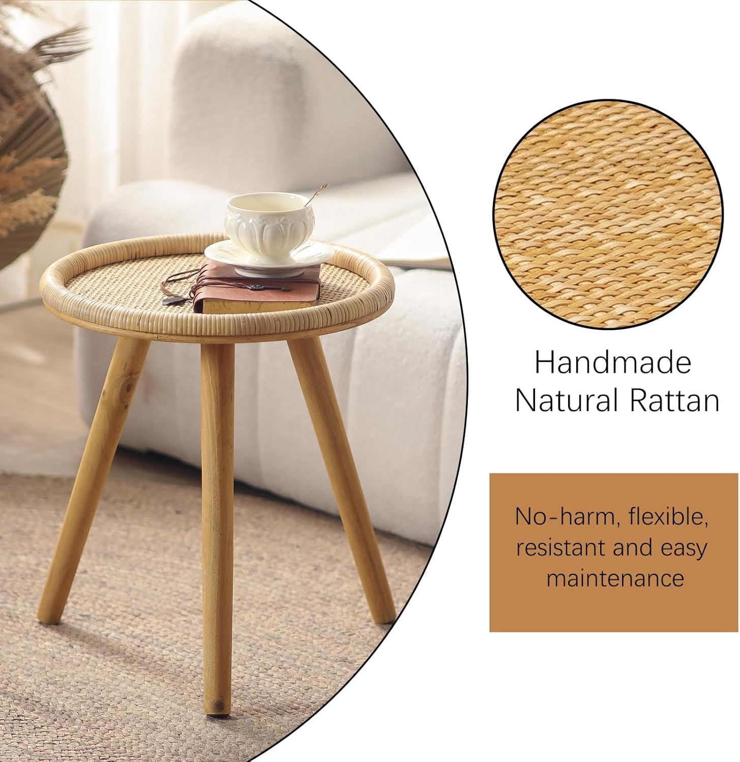 Small Side Table, Rattan round Coffee Table, Boho Circle Side Tables End Table for Living Room, Mid Century Accent Table for Bedroom Balcony