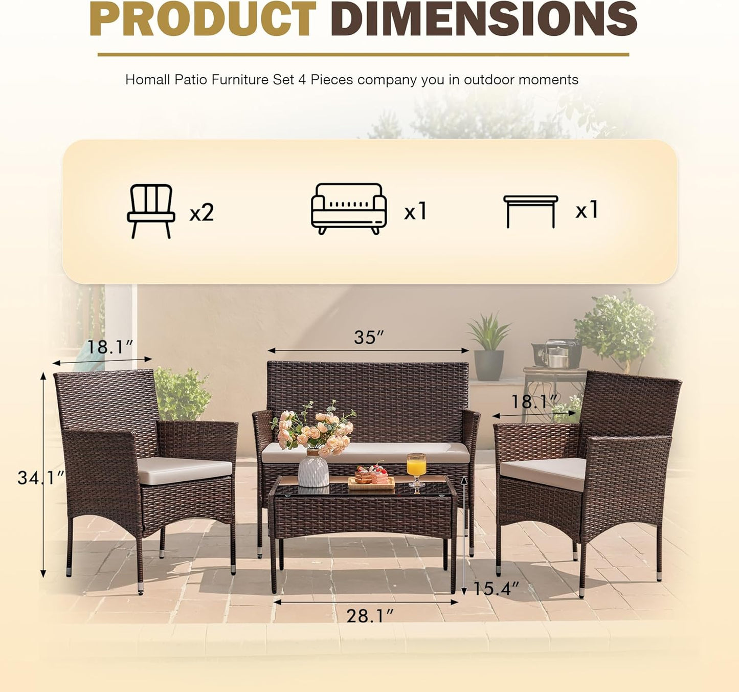 4 Pieces Outdoor Patio Furniture Sets Rattan Chair Wicker Set,Outdoor Indoor Use Backyard Porch Garden Poolside Balcony Furniture (Brown and Beige)