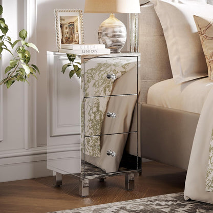 Mirror-Look Nightstands Set of 2, Silver Nightstand with 3 Drawers, Night Stand for Bedroom, Faux Mirrored Nightstand, 11.8" W*11.8" D*23.5" H