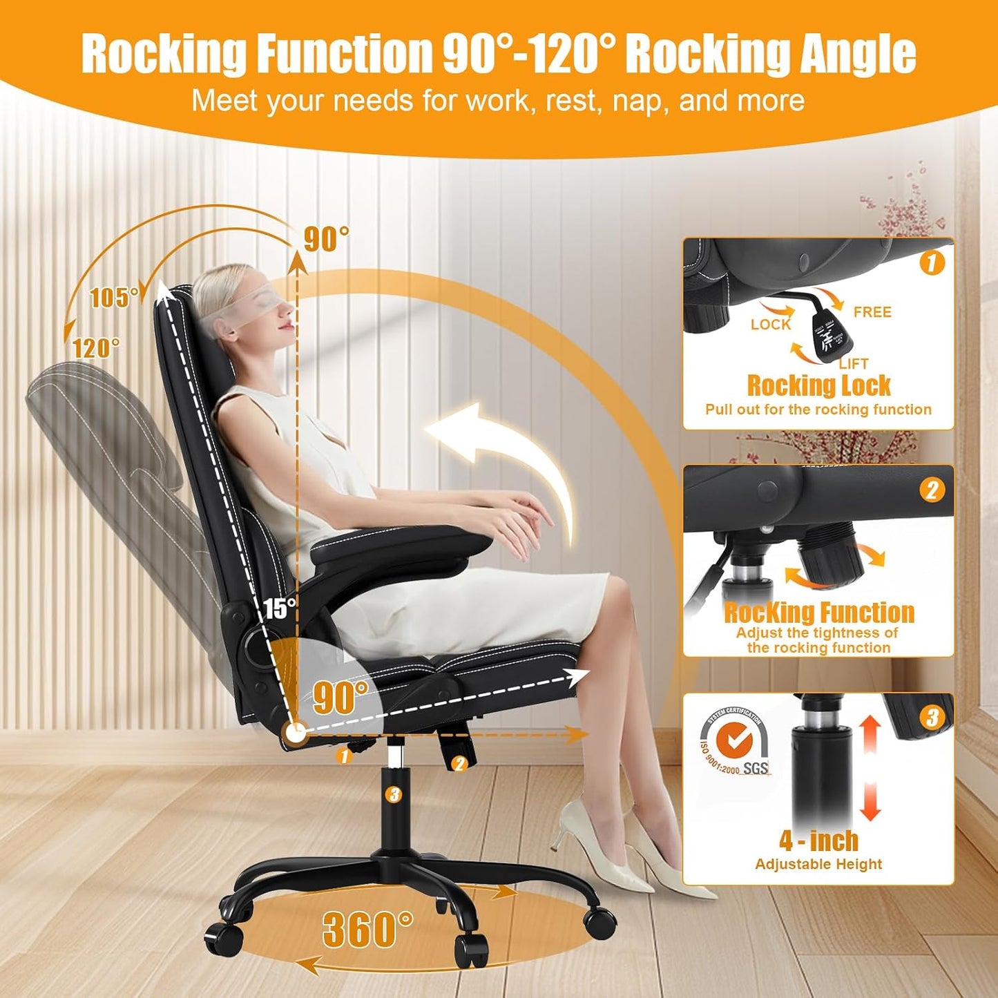 Executive Office Chair with Flip-Up Armrests,Ergonomic Computer Desk Chairs,Big and Tall Leather Office Chair 400Lbs,Lumbar Support Swivel PC Chair with Rocking Function