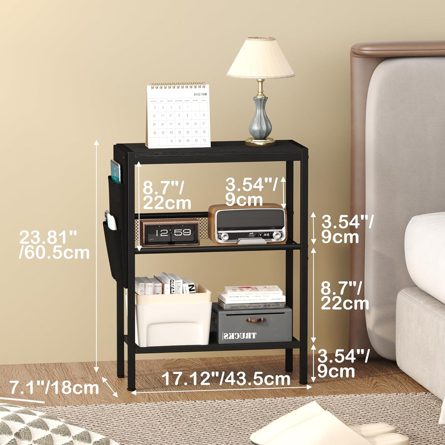 Small Narrow Side Table for Small Spaces, Slim End Table with Storage Bag, Sofa Snack Table with Adjustable Metal Mesh, 3 Tier Accent Skinny beside Table for Living Room & Bedroom, Black Oak