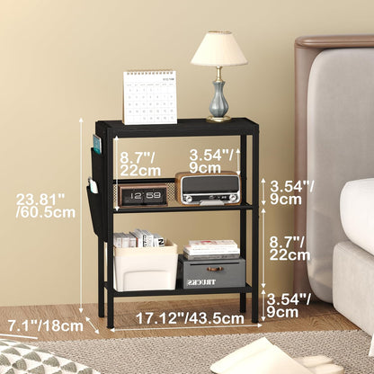 Small Narrow Side Table for Small Spaces, Slim End Table with Storage Bag, Sofa Snack Table with Adjustable Metal Mesh, 3 Tier Accent Skinny beside Table for Living Room & Bedroom, Black Oak