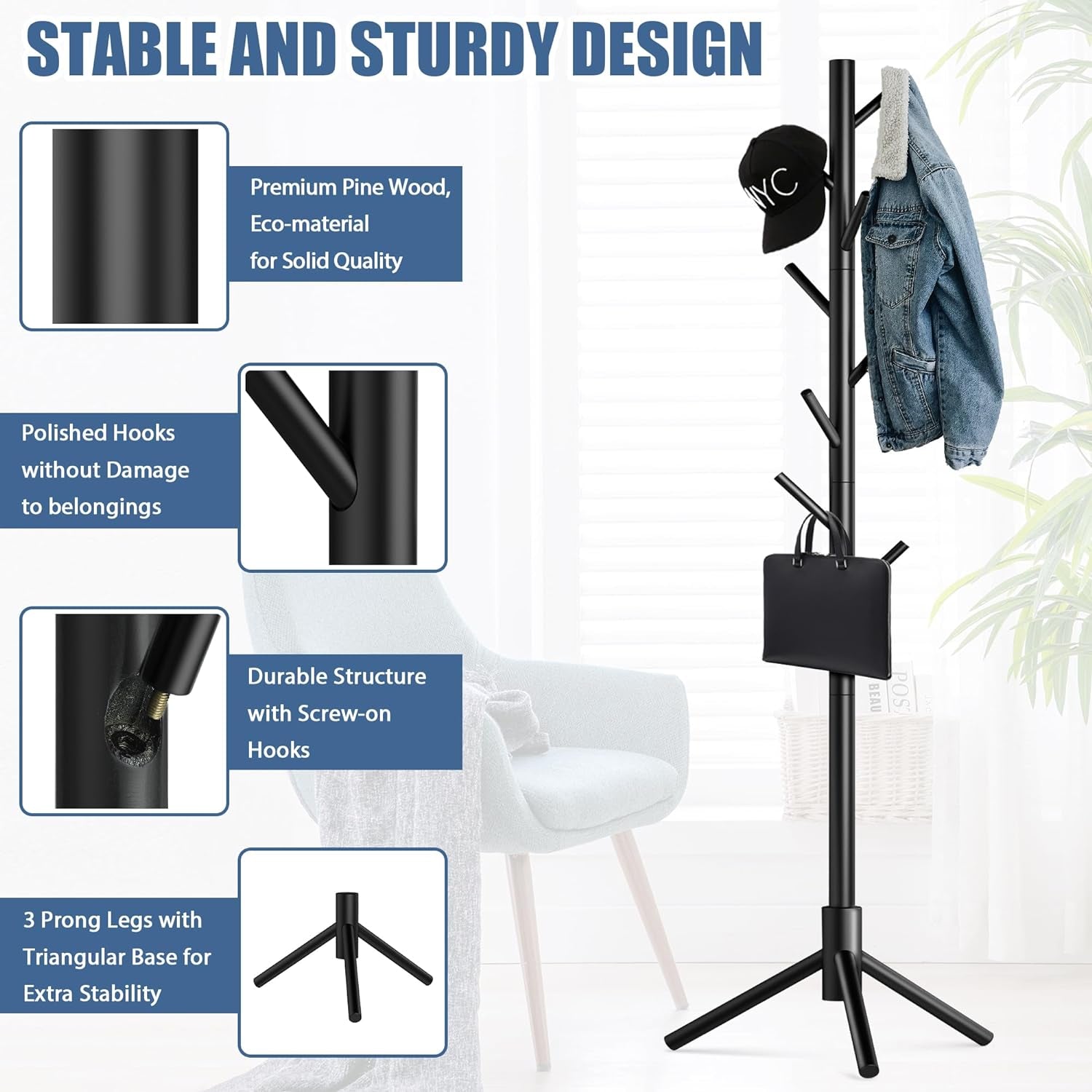 Wooden Coat Rack Stand with 8 Hooks New Zealand Pine 3 Adjustable Coat Standing Tree Easy Assembly for Coats, Hats, Scarves and Handbags for Entryway, Hallway, Bedroom, Office