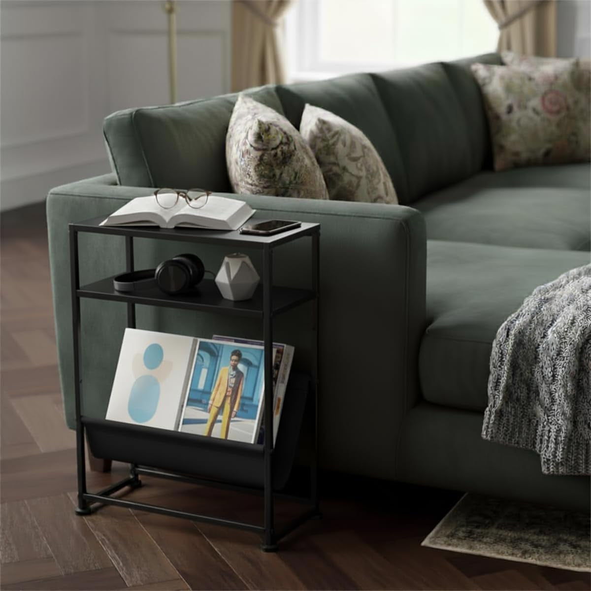 Narrow End Table for Small Spaces - Slim Side Table with Magazine Holder,2 in 1 Design Narrow Coffee Table Living Room,Skinny Bedroom Nightstand Thin Side Magazine Table,Black