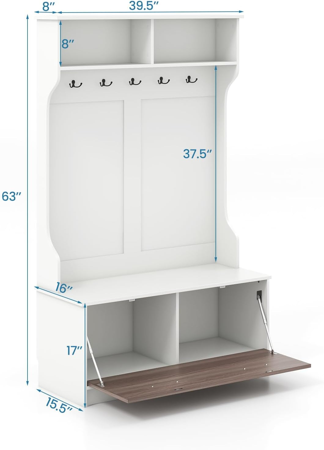 Hall Tree with Coat Rack and Storage Bench, Multifunctional Coat Rack with Entryway Bench, 5 Double Hooks, Freestanding Home Organizer for Entryway, Bedroom (White)