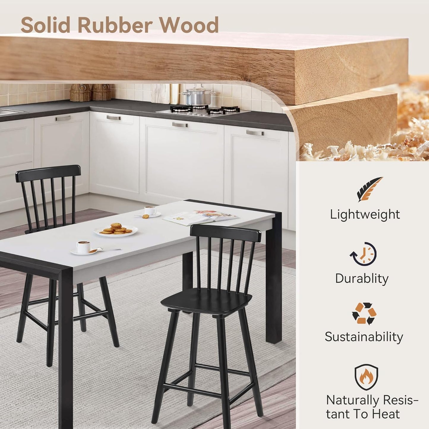 Windsor Wooden Bar Stools Set of 4 for Kitchen Island, Farmhouse 24 Inch Counter Height Stools Chairs with Spindle Back, Black