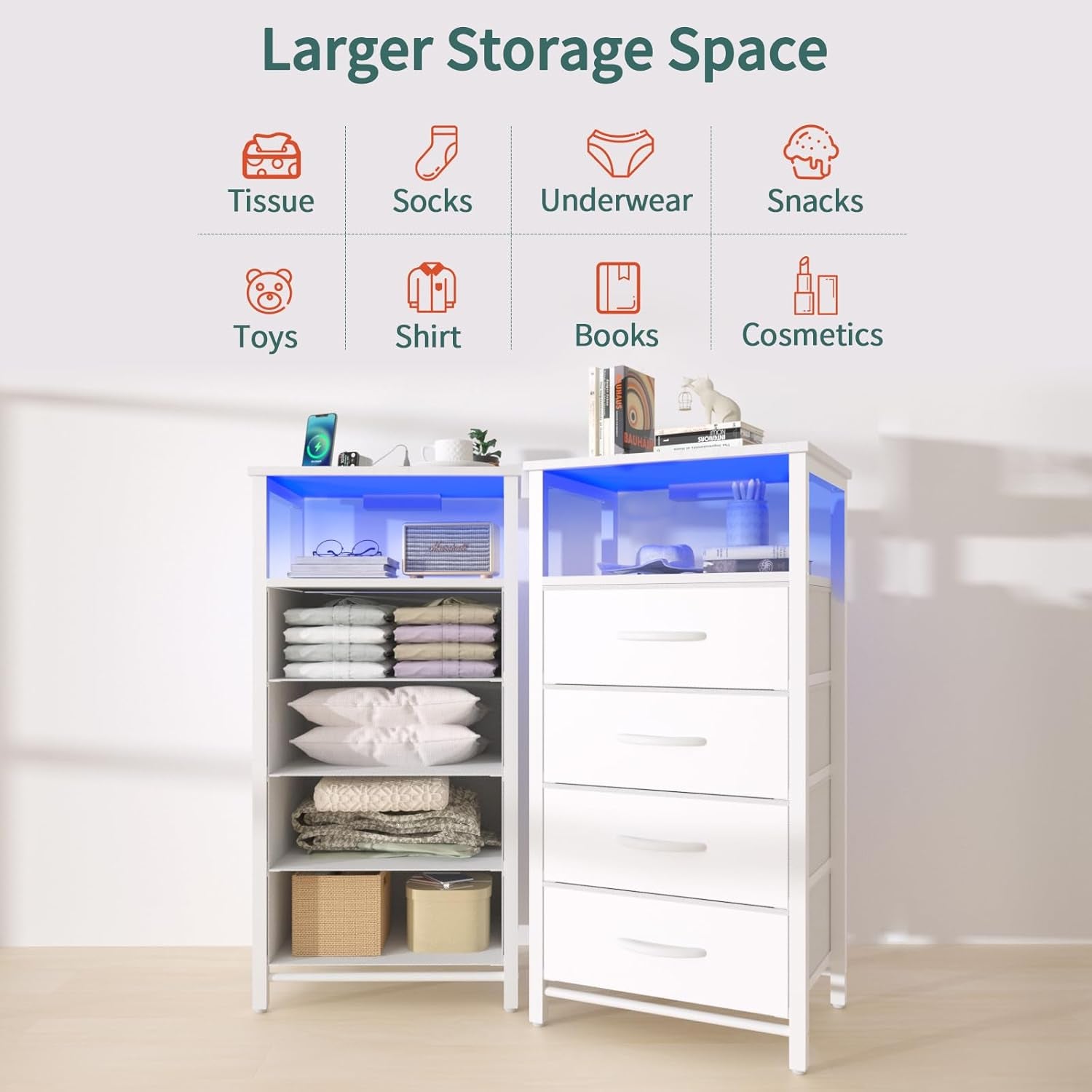 Night Stand - LED White Nightstand with Charging Station, Bedside Table with 4 Storage Drawers and Storage Shelf, End Table with USB Ports and Outlets, Tall Dresser for Bedroom
