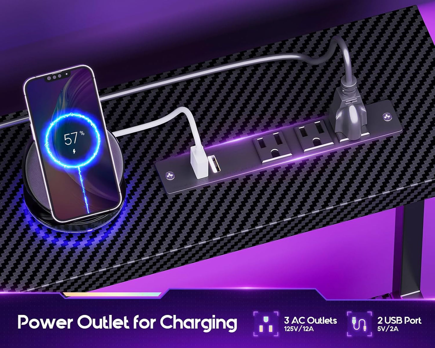 Gaming Desk with Led Lights & Power Outlet, 48 Inch Computer Desk with Drawers, Office Desk with Large Display Storage Shelves, Reversible Desk with Monitor Stand for Home, Carbon Fiber Black