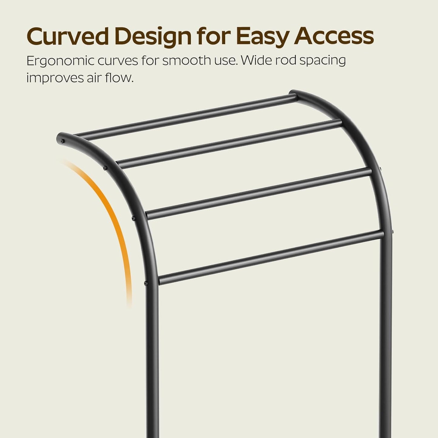 Free Standing Towel Rack, 4-Tier Blanket Rack for Bathroom, Curved Top Pool Towel Stand Display and Drying Rack, Modern Towel Storage Organizer, Black CJ07BK