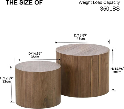 Nesting Coffee Table Set of 2, Modern round Coffee Table with Non-Slip Feet, Walnut Wooden Circle Accent Tables for Small Spaces Living Room Bedroom Balcony Office Drum Side Table (Walnut)
