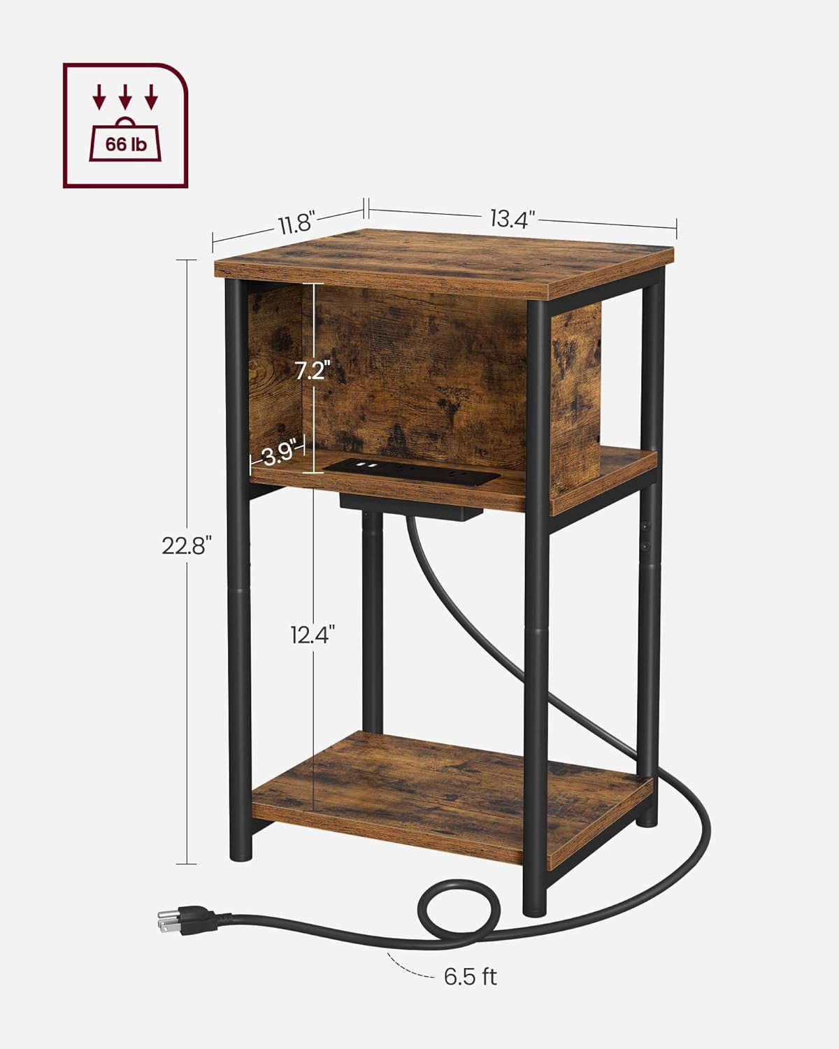 Side Table with Charging Station, 3-Tier End Table with USB Ports and Outlets, Nightstand for Living Room, Bedroom, 11.8 X 13.4 X 22.8 Inches, Plug-In Series, Cream White