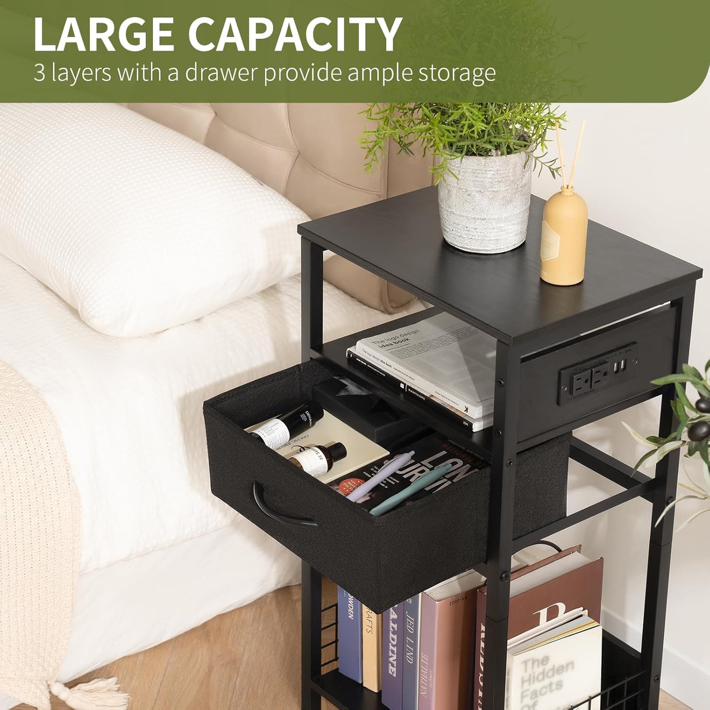 Record Player Stand with Storage - End Table with Charging Station & LED Lights, Vinyl Record Storage Holds up to 100 Albums, Nightstand with Drawer for Living Room Bedroom, Black