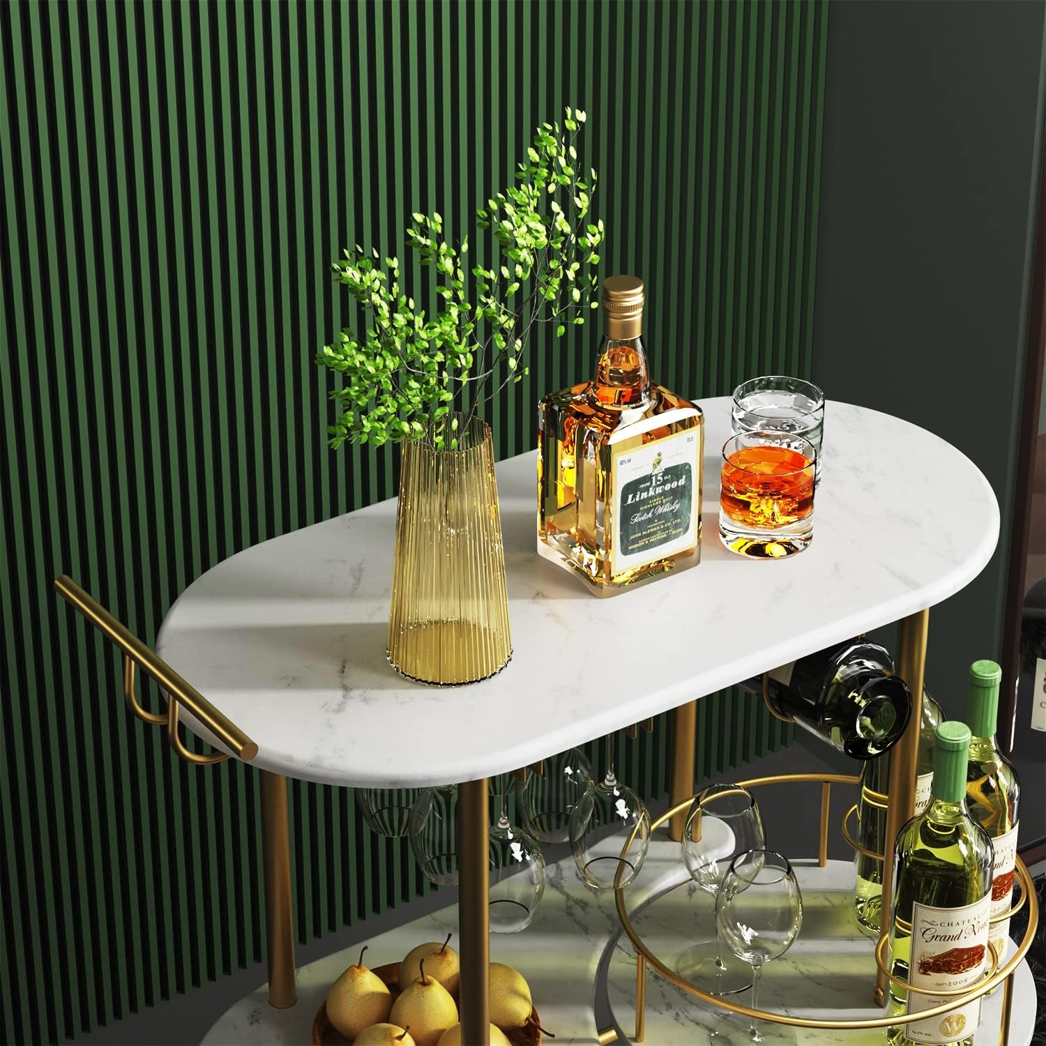 Gold Bar Carts with 4-Tier Storage Shelves, Mobile Bar Serving Cart with Wine Rack and Glass Holder, for the Home, Kitchen, Living Room, Dining Room