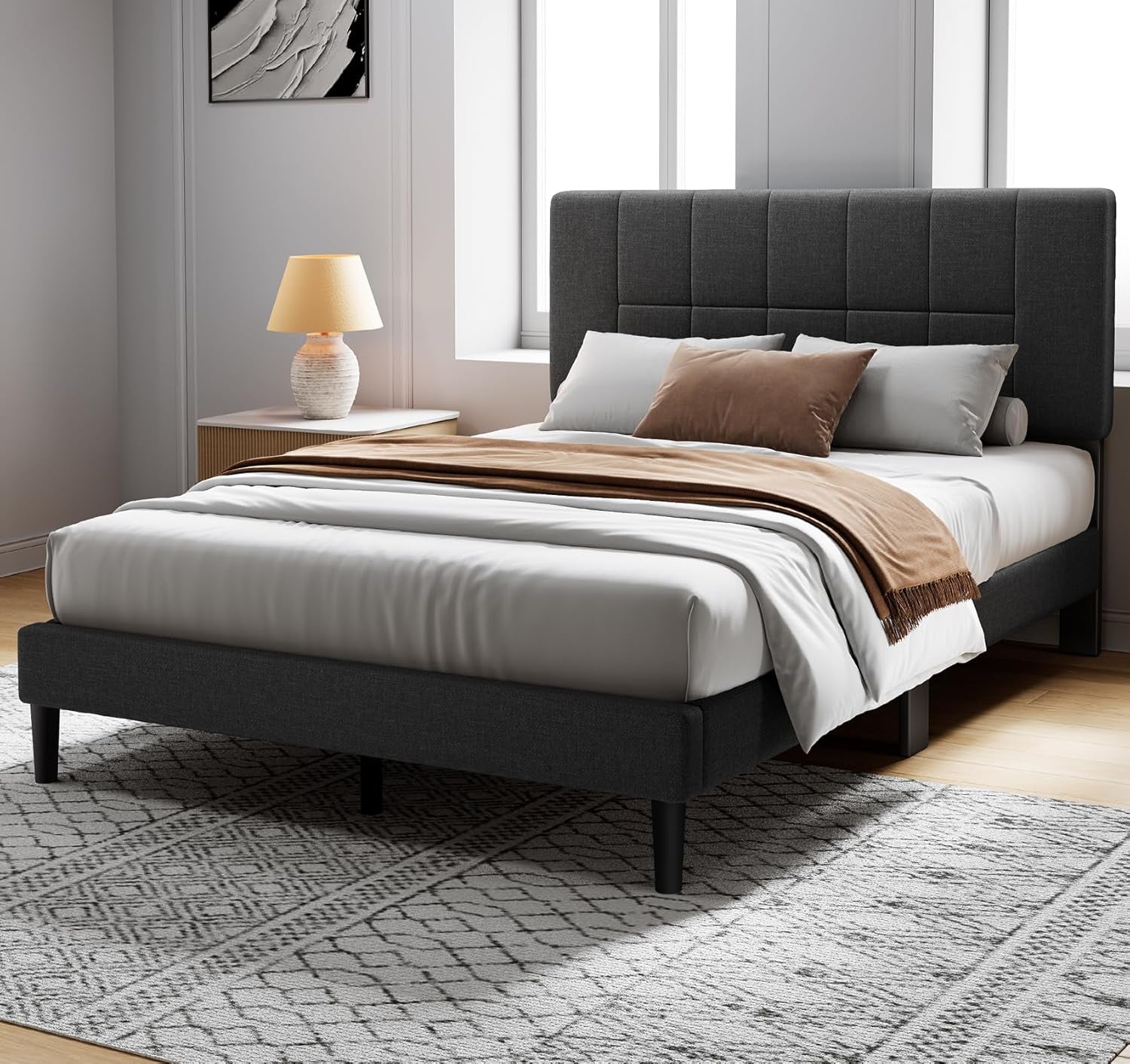 Queen Bed Frame with 12 Thickened Legs&Fabric Upholstered Headboard,1300 Lbs Strong Weight Capacity, Adjustable Headboard, No Box Spring Needed, Easy Assembly, Underbed Storage（Solid Wooden）