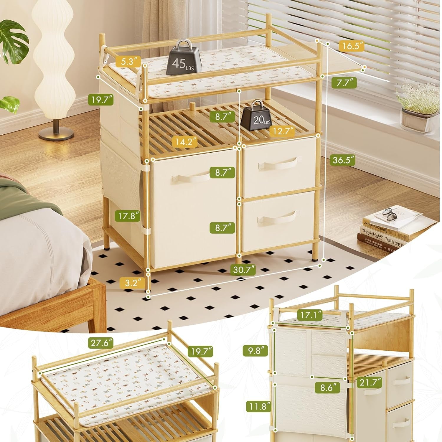 Baby Changing Table, Bamboo Diaper Changing Station with 3 Removable Storage Drawers, Baby Dresser Table with Flat Top, Large Storage Nursery Organizer Shelves with Pad, Mesh Pocket